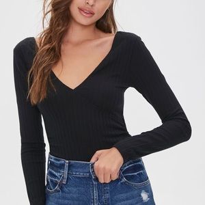 Forever 21 Black Ribbed Surplice Top